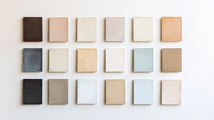 Selection of neutral paint swatches arranged in a grid on a clean white background, showcasing a range of soft, muted colors for design inspiration