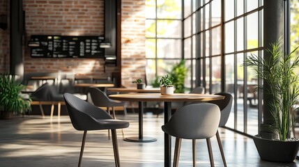 Fototapeta premium Sunlit cafe interior with tables, chairs, and plants.