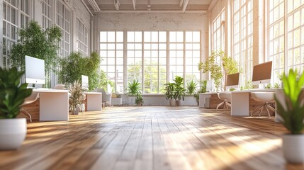 Fototapeta premium Sunlit modern office with plants and hardwood floors.