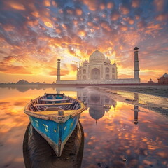 Fototapeta premium Tajmahal middle of the beach in sunrise with boat