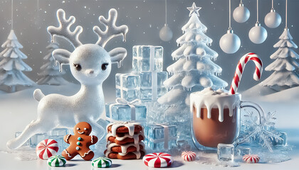 Christmas concept with ice deer, Christmas tree, gingerbread cookies and coffee with cream