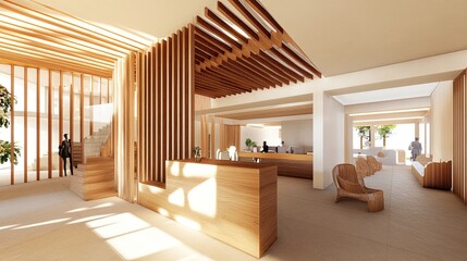 Fototapeta premium Modern minimalist lobby with wooden reception desk and waiting area.