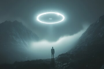 Fototapeta premium man stands in mountains and fog, UFO hovers in the sky with light illuminates 