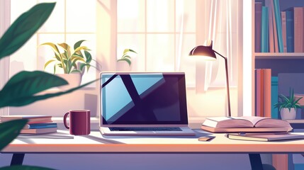 Fototapeta premium Serene Workspace with Laptop, Books, Coffee Mug, and Natural Light Streaming Through Window for Inspiring Creative Ideas and Productivity Boost