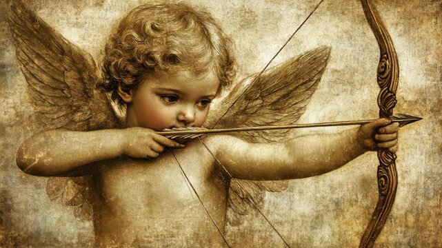 A young, winged cherub, depicted in a sepia-toned artistic style, is shown intensely focused as it draws back a bowstring, poised to release an arrow