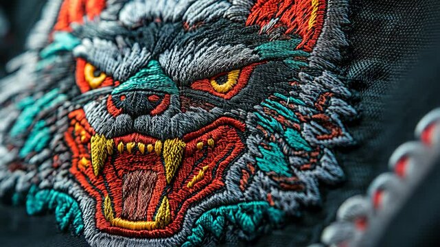 A striking embroidered patch depicting a snarling wolf's head