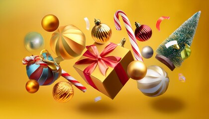 Obraz premium Gifts, ornaments, and a candy cane float against a yellow background