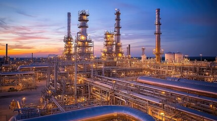 Majestic Industrial Complex at Dusk with Glowing Pipes and Towers Under Dramatic Sky Reflecting Vibrant Colors of Sunset in Oil and Gas Industry