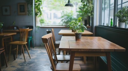 Fototapeta premium Sunlit cafe interior with wooden tables, chairs, and potted plants.