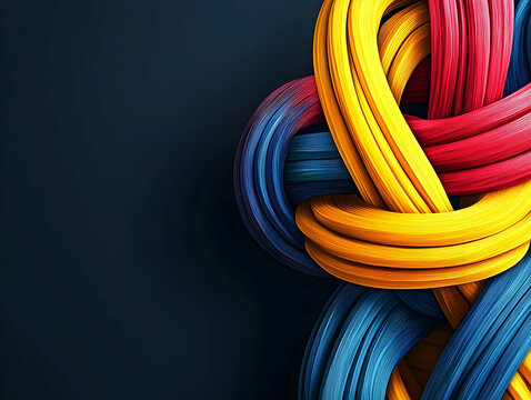 Abstract colorful tangled ribbons on dark background.