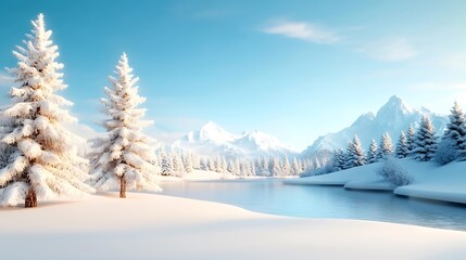 Breathtaking snowy landscape of majestic mountains and towering evergreen trees in a tranquil winter wonderland  Peaceful calm and serene scene of a frozen valley with a pristine