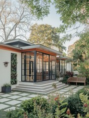 Obraz premium Modern Contemporary Home with Floor-to-Ceiling Windows and Beautiful Landscaping