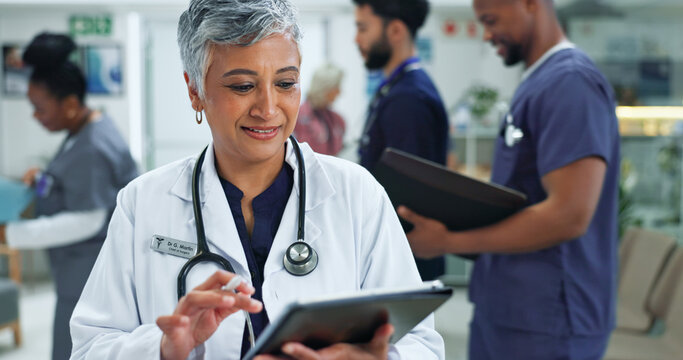 Search, doctor and woman with tablet for hospital management, planning and online schedule. Healthcare, network and mature medical professional with digital app for review, agenda or report in clinic