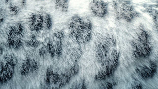 Close-up of snow leopard fur with soft, fluffy white and black spotted patterns creating a natural and luxurious texture