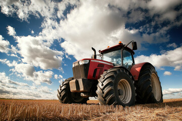 A red tractor stands prominently in a harvested field under a vibrant blue sky with scattered...