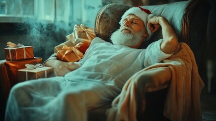 Obraz premium Cozy Christmas Spirit: Minimalist Art of Santa Napping in Vintage Chair, Surrounded by Presents - Perfect for Holiday Decor or a Festive Poster in Your Home or Office!