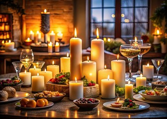 Obraz premium A Serene Ambiance of Flickering Candle Light - Captivating Food Photography with Various Lit Candles for Cozy Dining and Romantic Atmosphere