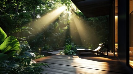 Obraz premium Sunbeams illuminate a tranquil jungle patio.