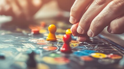 Close-up of hands moving game pieces on a board.