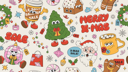Merry Christmas and Happy New Year sale seamless pattern. Tree, wreath, garland, gifts, balls, Santa Claus, sale tags of trendy retro mascot style. Happy groovy cartoon elements. 