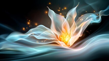 Stunning digital depicting an ethereal glowing floral motif with shimmering iridescent effects and celestial accents  The image evokes a dreamlike otherworldly atmosphere with a serene tranquil feel