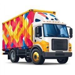 A colorful delivery truck with a vibrant geometric design for transporting goods.