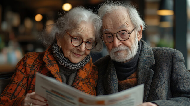 Senior couple enjoying quality time together while reading a menu at a cozy cafe in the afternoon light. Generative AI