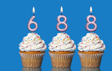 Birthday Cupcakes With Candles Lit Forming The Number 688