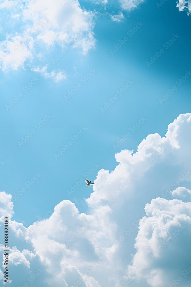 Wall mural blue sky, soft white clouds, and a graceful dove flying