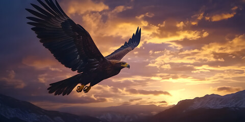 Golden Eagle Soaring Through a Sunset Sky