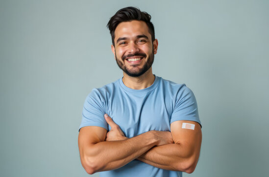 young smiling caucasian bearded man in blue t-shirt showing arm with band-aid after vaccination with covid-19 vaccine. healthcare, coronavirus pandemic prevention, immunization