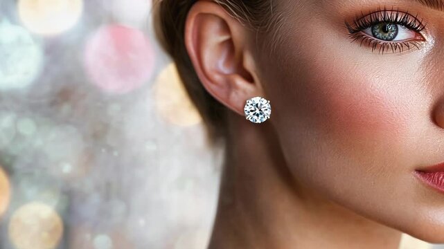 Beautiful woman wearing luxury diamond earrings with bokeh background