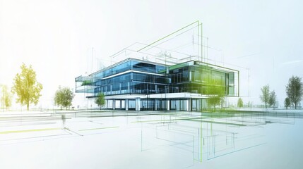 Blueprint of a zeroemission building, digital style, green and blue accents, clean layout