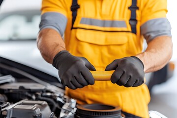 Turbocharger installation concept. A mechanic in an orange uniform inspects a car part, showcasing hands gripping a yellow hose, highlighting automotive maintenance.