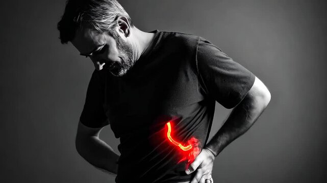 Mature man is suffering stomach pain, close-up