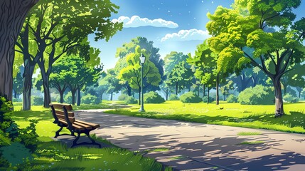 A cartoon style park with a bench and a lamppost.
