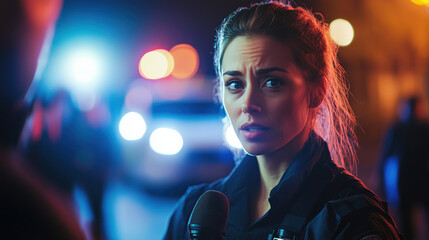 "Police Officer Responding to Female Reporter’s Questions at Crime Scene, Flash Photography