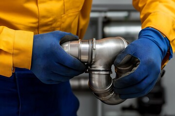 Turbocharger installation concept. A person in protective gloves connects metal plumbing parts in an industrial setting, showcasing hands-on maintenance and repair work.