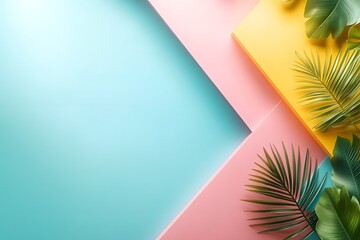 Fototapeta premium Vibrant Geometric Patterns with Neon Pink and Yellow in a Playful 80s Style, Featuring Leafy Tropical Accents Against a Soft Blue Background