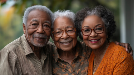 Cherishing friendship among three seniors outdoors during a sunny afternoon in a lush garden setting. Generative AI