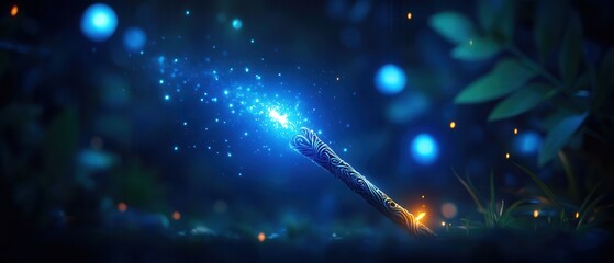 A glowing wand emits blue sparkles in a mystical forest setting, surrounded by soft green foliage and ethereal lights.