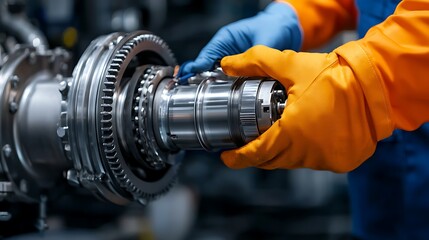 Turbocharger installation concept. A technician in orange gloves assembles a metallic component of machinery, showcasing precision and industrial engineering.