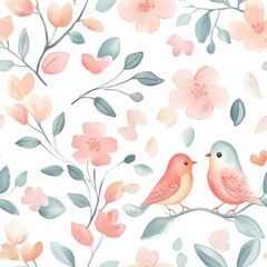 A whimsical pattern featuring birds and flowers in soft pastel colors.