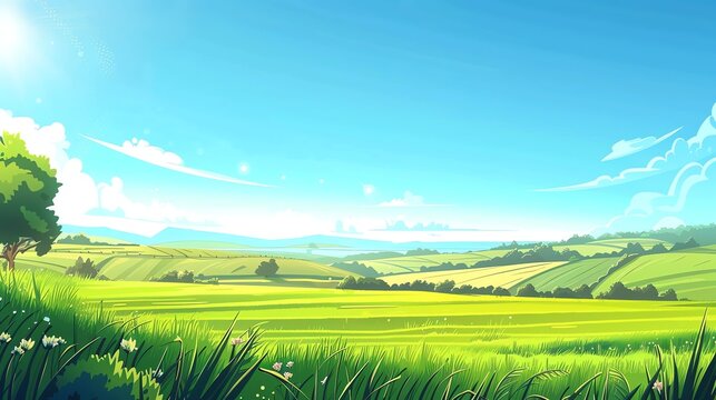 A cartoon style green field with a tree in the foreground and hills in the background.