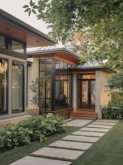 Obraz premium Modern Contemporary Home with Floor-to-Ceiling Windows and Beautiful Landscaping