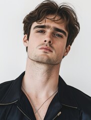 Obraz premium Stylish Male Portrait Featuring a Sleek Middle Part Hairstyle, Exuding Confidence and Modern Charm Against a Minimalist Background