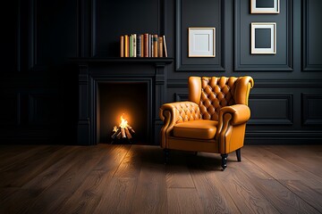 Vintage Leather Armchair in a Stylish Interior Setting Beside a Cozy Fireplace, Showcasing Elegant Design with Warm Color Tones and Classic Elements
