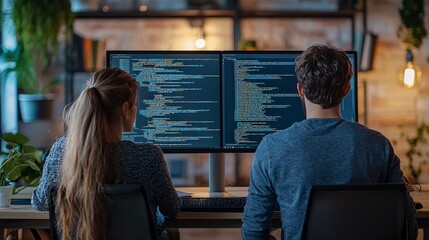The back view of a focused coding couple reveals their intense programming session, illustrating the world of tech professionals in a sophisticated setting.