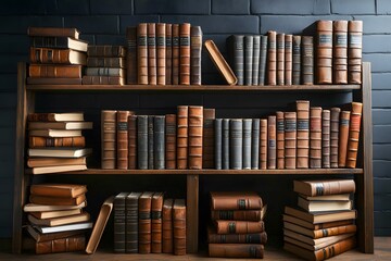 Vintage Wooden Bookshelf Stacked with Leather-Bound Books Against a Dark Wall, Perfect for Home Office or Library Decor, Evoking Classic Elegance