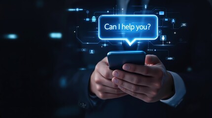 Businessman holding smartphone, holographic "Can I help you?" text floating above device, futuristic interface